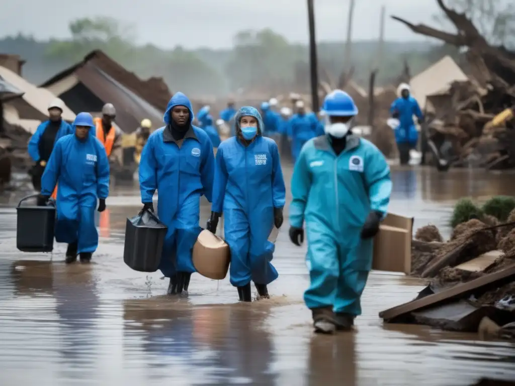 A team of diverse volunteers in blue uniforms navigate the aftermath of a devastating hurricane, carrying tools and supplies through flooded and ruined landscapes