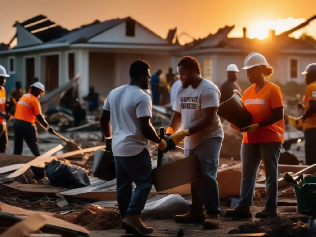 Volunteers working in unison to repair homes after a hurricane, surrounded by destruction and despair