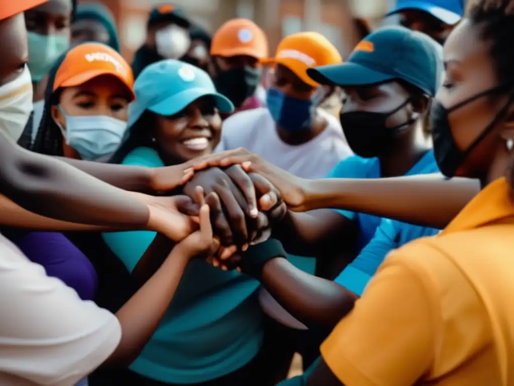 A group of volunteers huddle together in solidarity, their faces touching in support as they help those affected by posthurricane communities