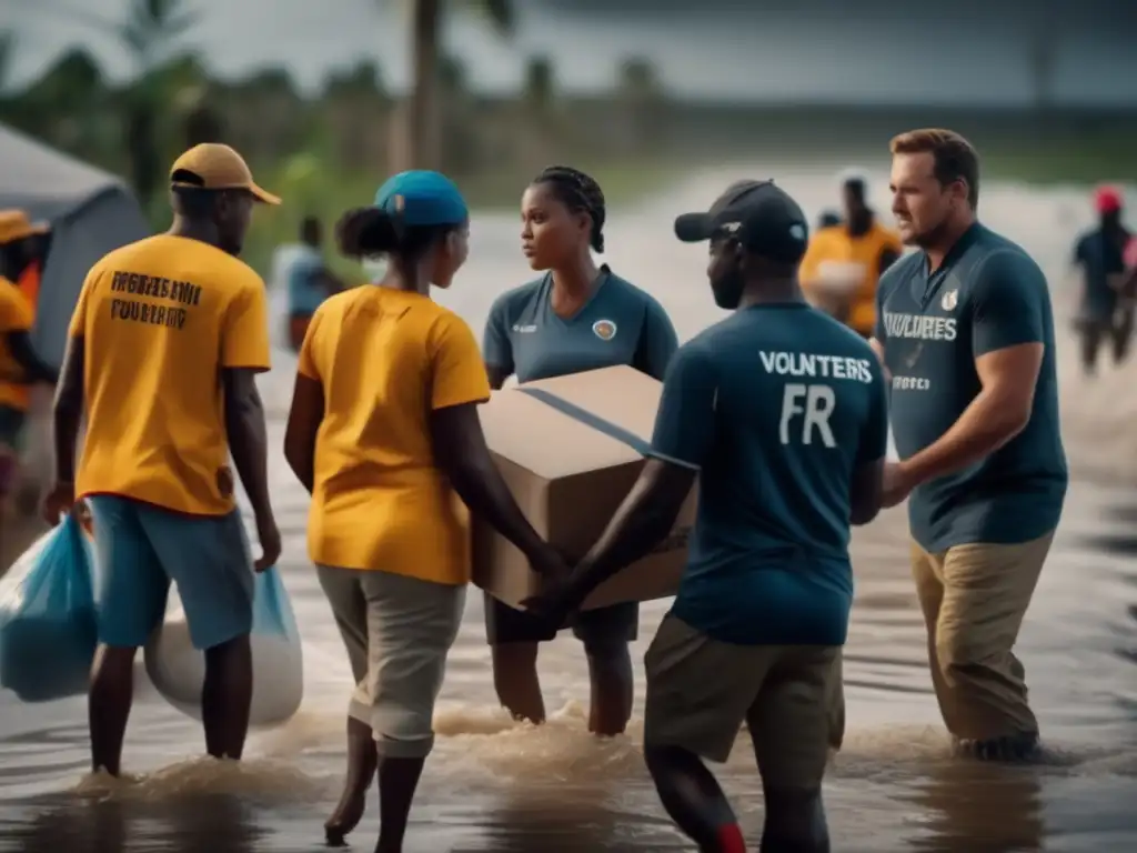 In the aftermath of the hurricane, a compassionate group of volunteers gather together to distribute relief supplies to those in need