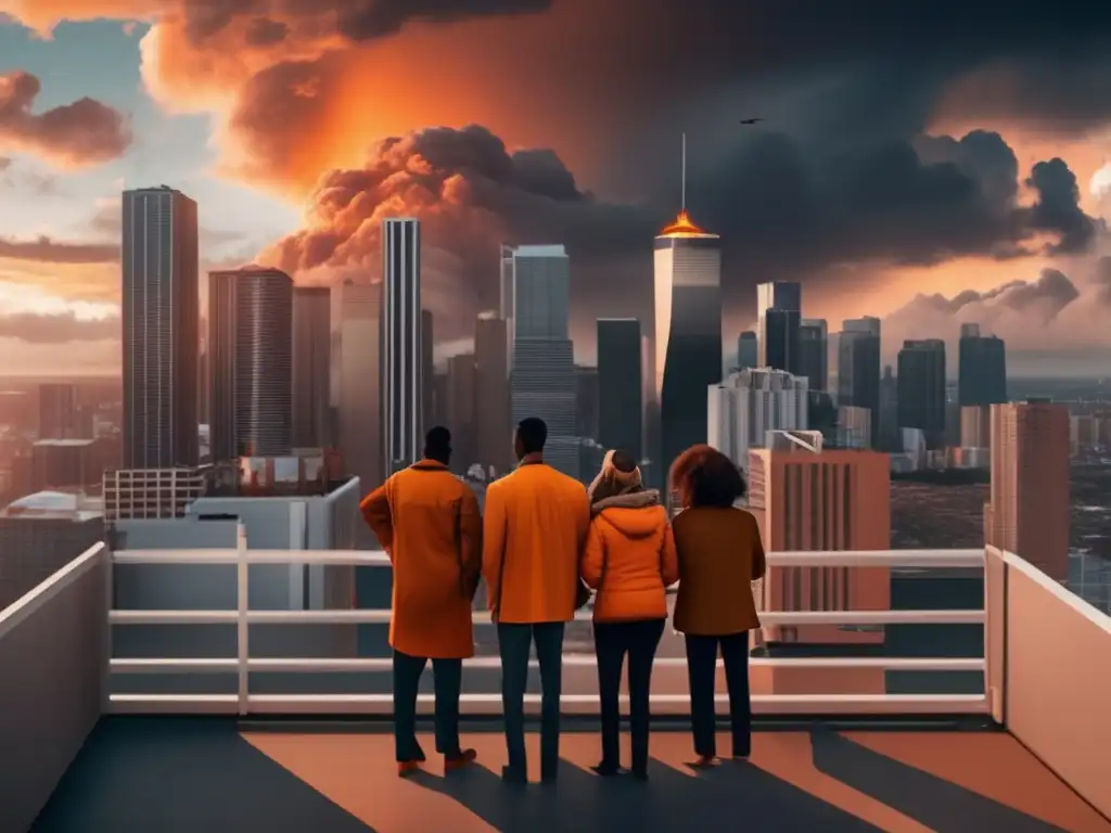 An atmospheric image of a group of people on a rooftop during a city relocation due to a hurricane