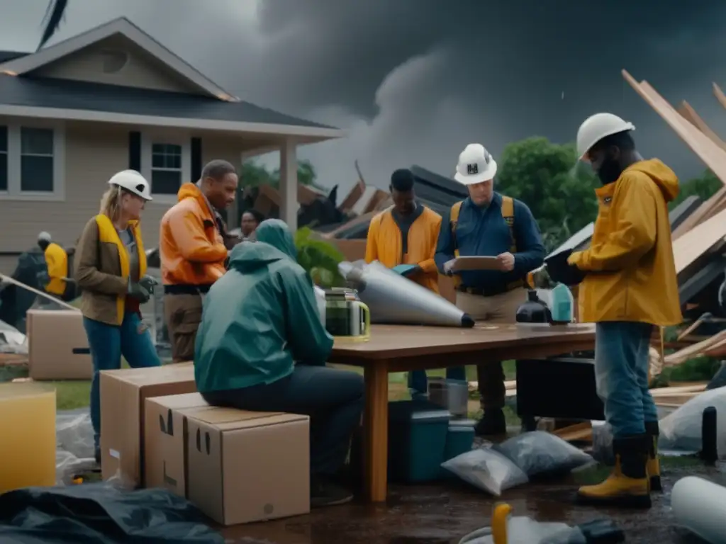 A vivid 8k image of a community united in recovery action, with protective gear, tools, and supplies laid out on a Hurricane repair table