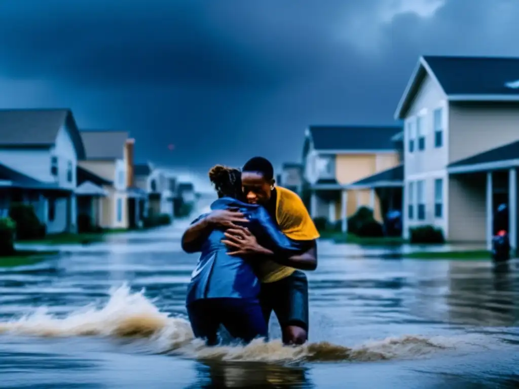 A young couple carrying an injured individual on their back through flooded streets during a hurricane