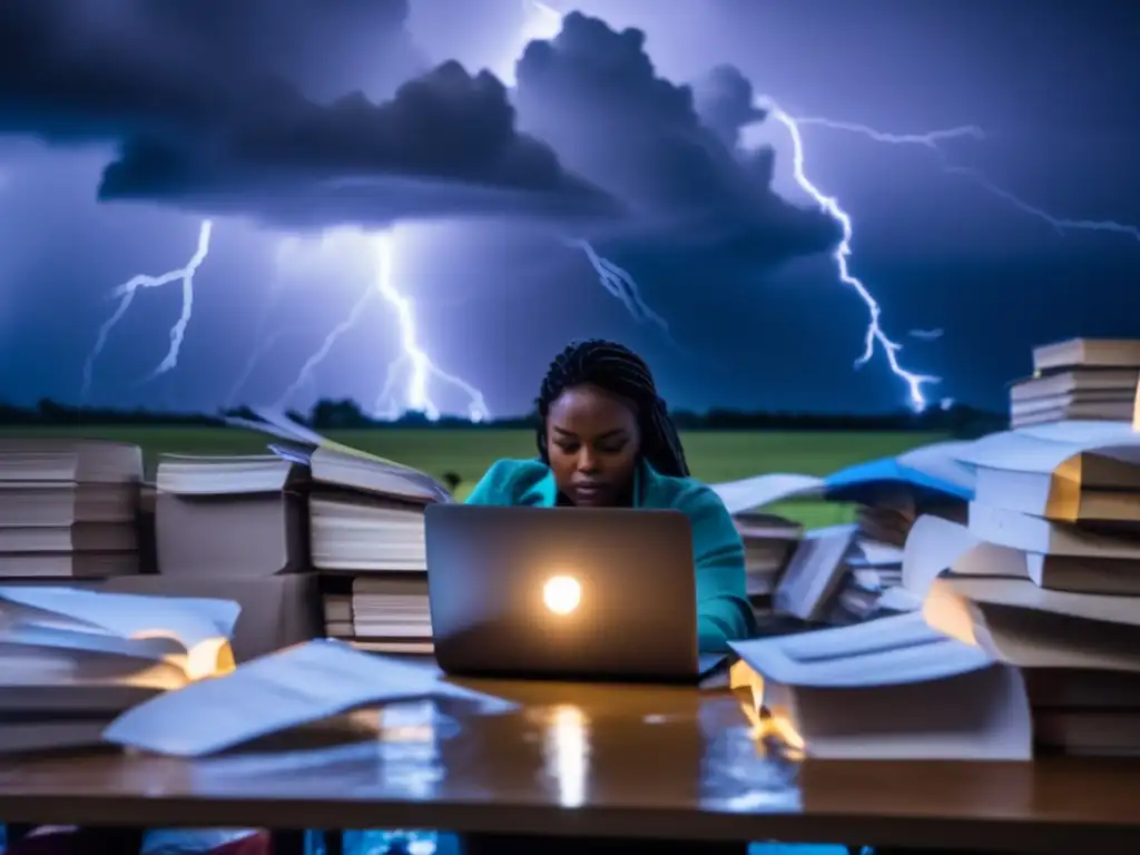 A chaotic storm rages in the distance, flooding a room where a person remains calm and reaches for quickclotting gauze to save lives