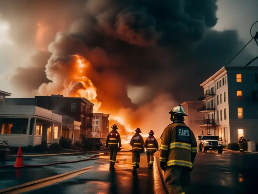 A hauntingly beautiful image of a devastating hurricane wreaking havoc on a cityscape, with a flickering streetlamp illuminating a group of firefighters in their uniforms