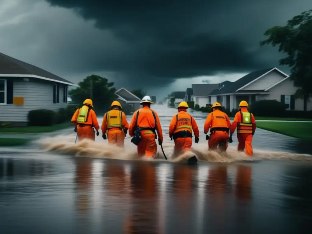 Action-packed aerial shot of an emergency response team in orange suits rushing into a flooded area during a hurricane