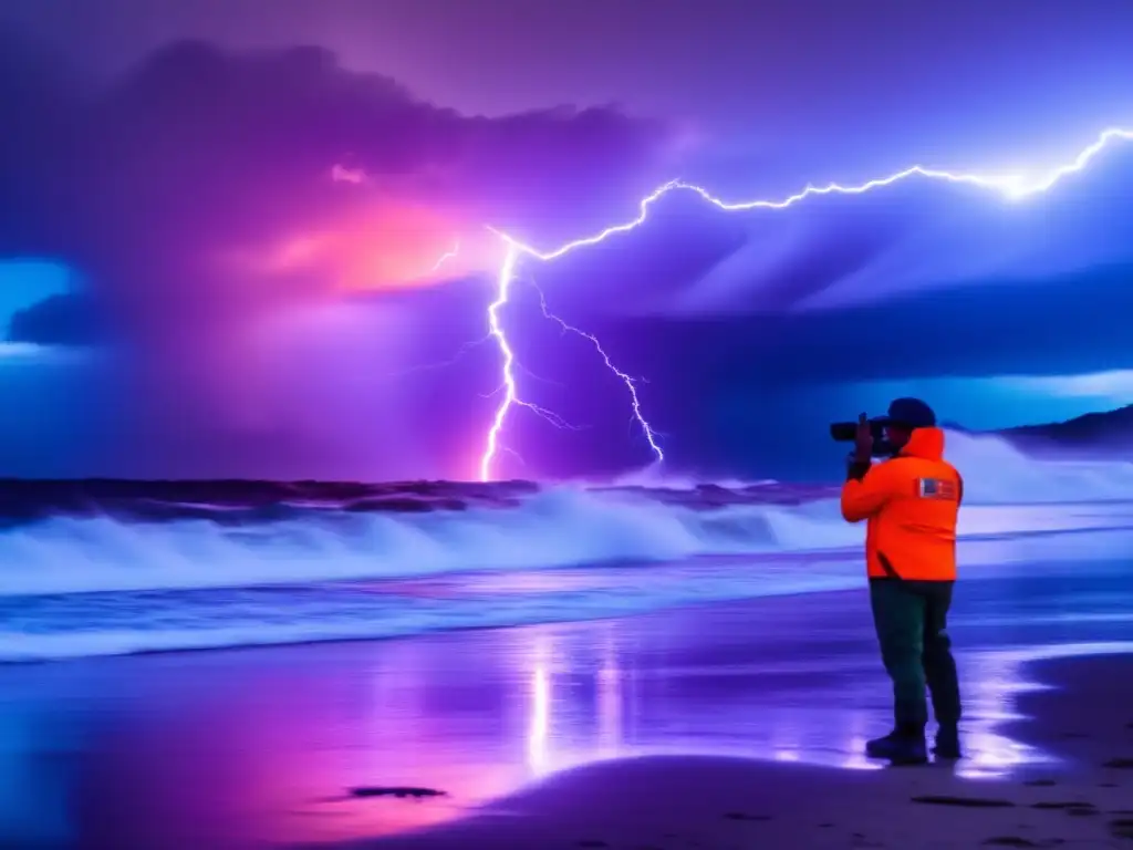 A group of people stand on a stormtossed beach, the sky a deep maroon as electric blue lightning flashes in the distance