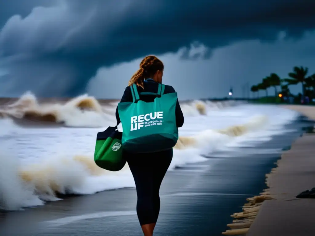 A brave woman standing ready to face the raging storm, her Rescue Life Slings bag brimming with essential supplies