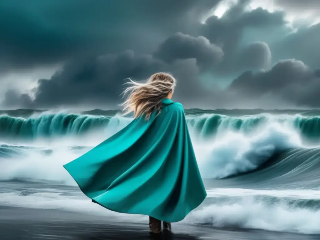 A woman in turquoise wavy hair stares out to the gray horizon, surrounded by hurricane raging clouds