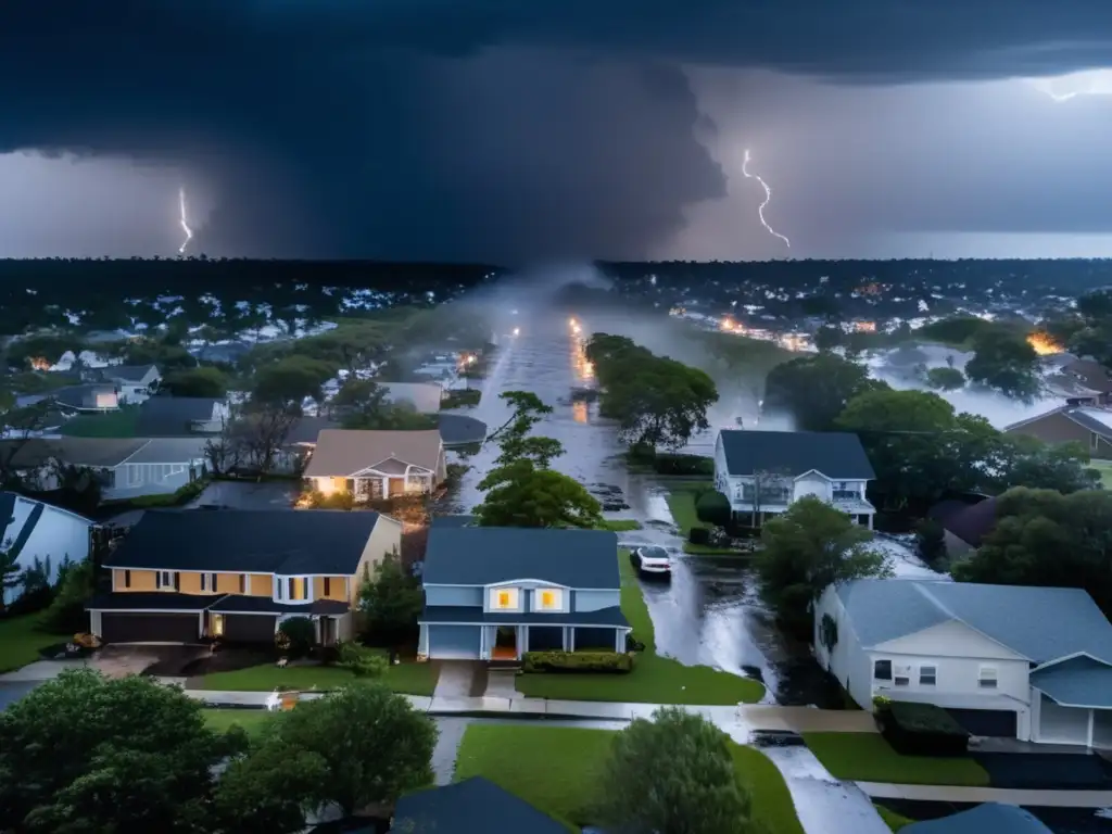 In the midst of a hurricane, a heavily residential neighborhood stands tall but with its roofs shingling and branches scattered across the street