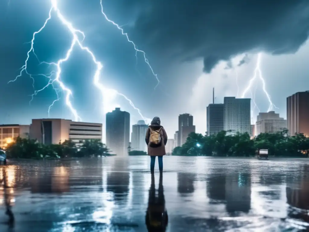 A person with a determined look on their face, standing in the center of a flooded city, environment wreaked by a hurricane