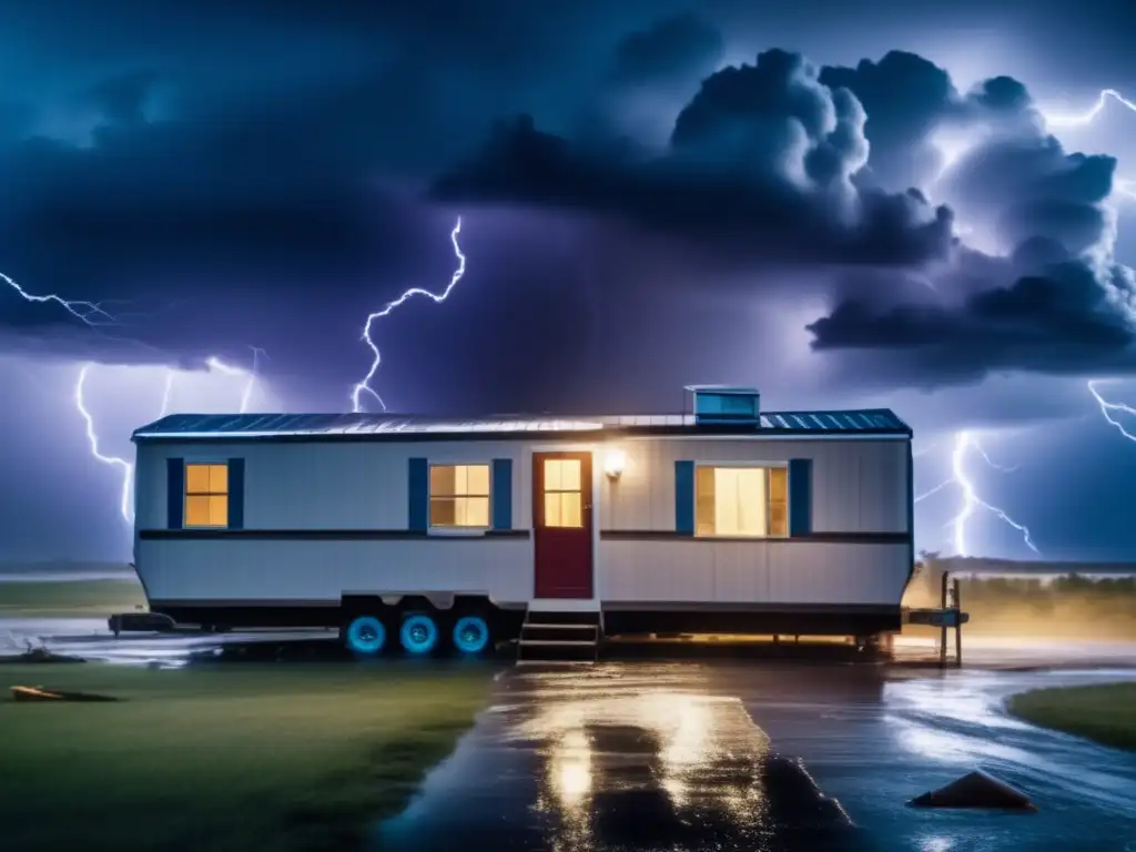 Amidst raging hurricane, a mobile home bravely stands tall, lightning strikes in the background, people secure