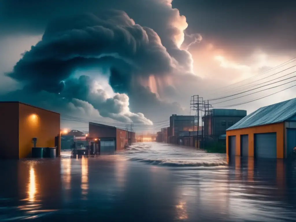 A cinematic shot of a hurricane tearing through an industrial city, yet the resilience and determination of a hurricanefree community shine through