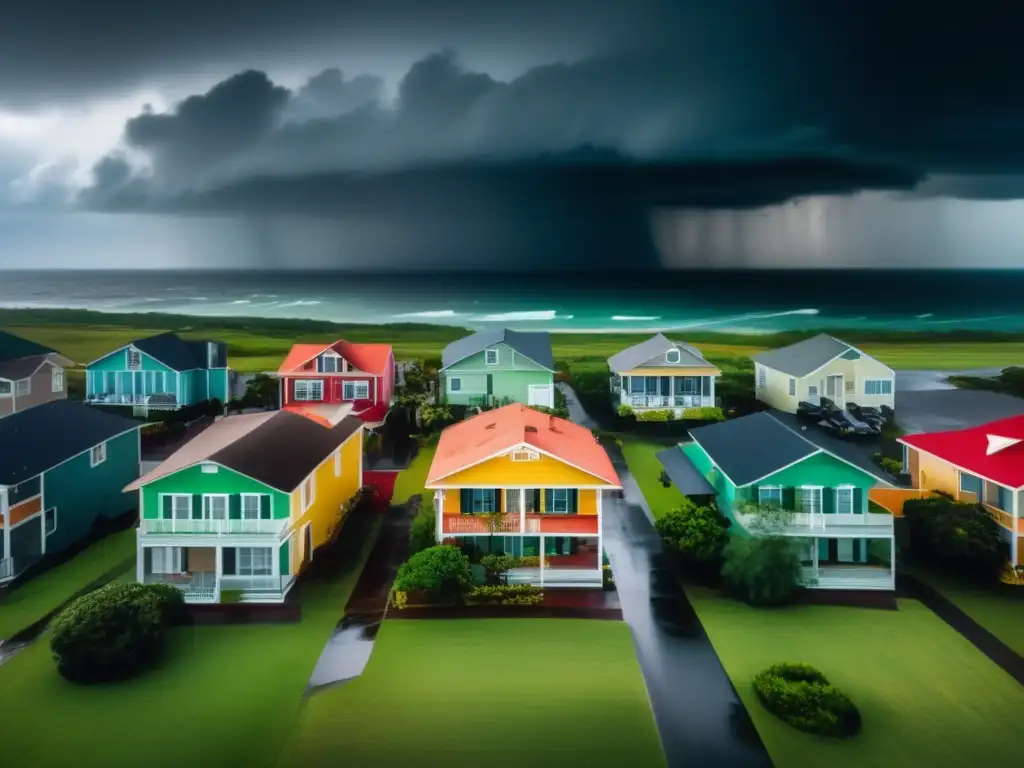 Amidst the chaos of a hurricane, a group of houses stand tall and unyielding, their vibrant shutters swaying gently in the wind