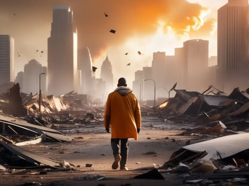 A cinematic image of a devastated cityscape, with towering buildings and debris strewn about