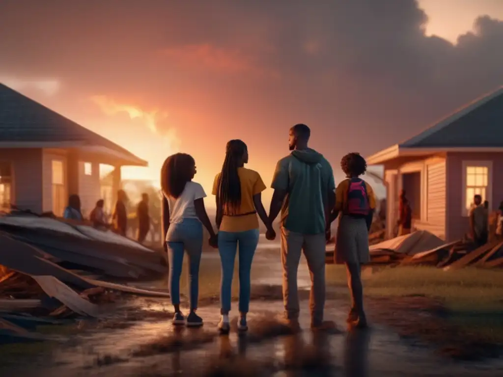   A determined group of people, clad in emerald-colored clothing, stand together in front of a ruined community