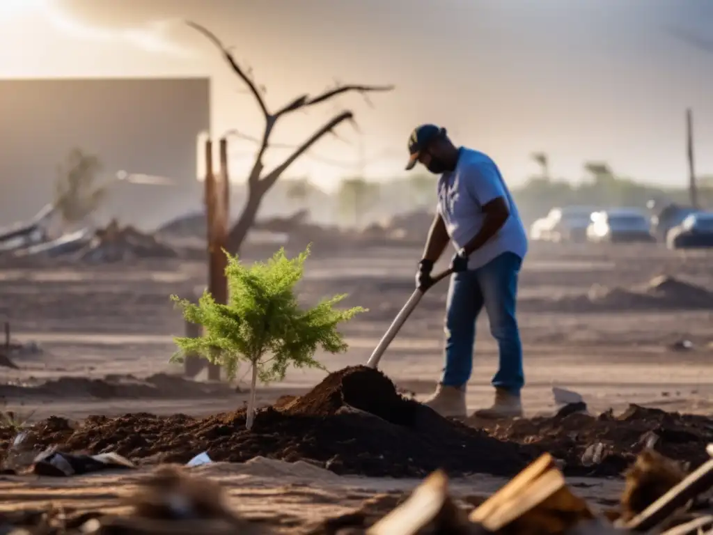 Amidst hurricane aftermath, a lone figure plants an autumnal tree amidst destruction, surrounded by workers clearing debris