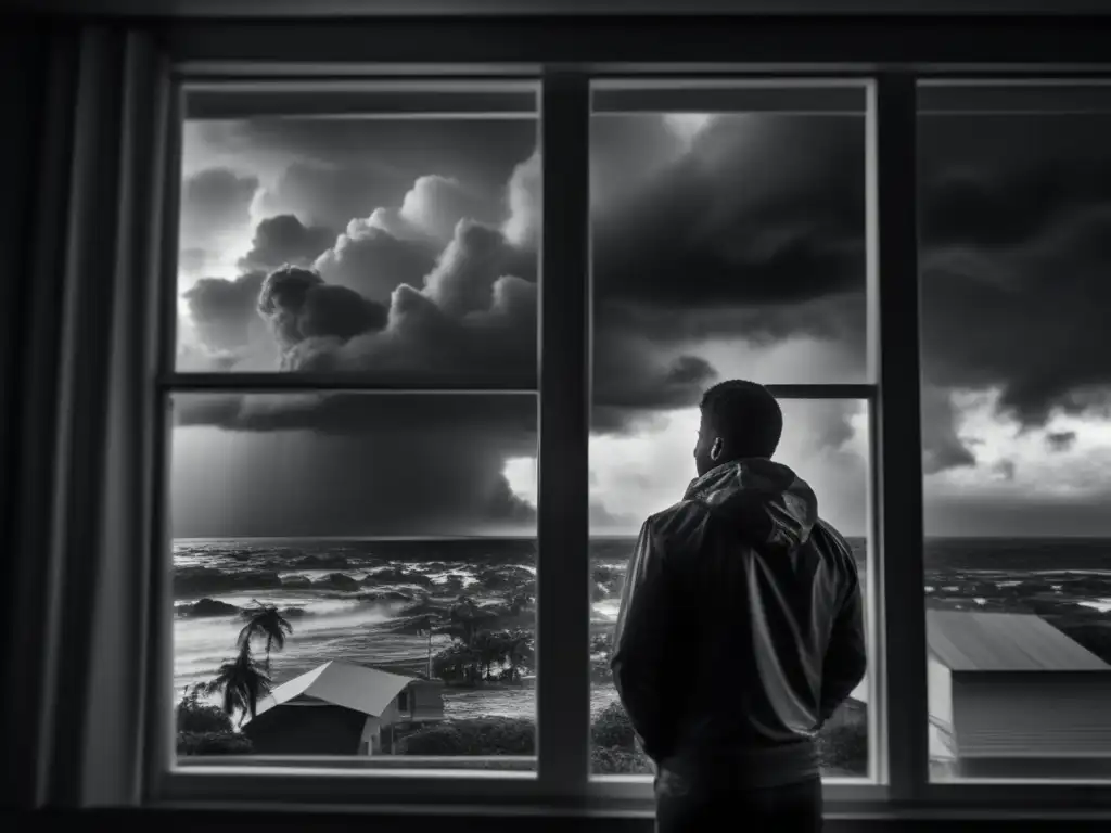 Amidst the chaos of a hurricane, a determined business owner looks out the window, ready to reopen, showcasing resilience in the face of adversity