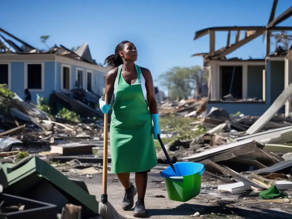 A woman standing tall amidst ruins, arms shielded by gloves, carries a mop with determination, sunny skies gleam against debris