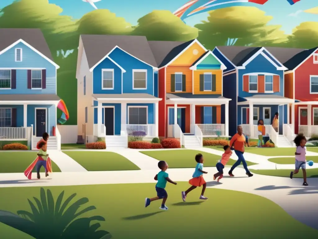 A vibrant community thriving amidst modern, hurricane-resistant homes, with families and children playing joyously in a spacious neighborhood park, proudly displaying colorful windsocks representing the strength and resilience of the neighborhood, as the sun shines bright in the clear blue skies