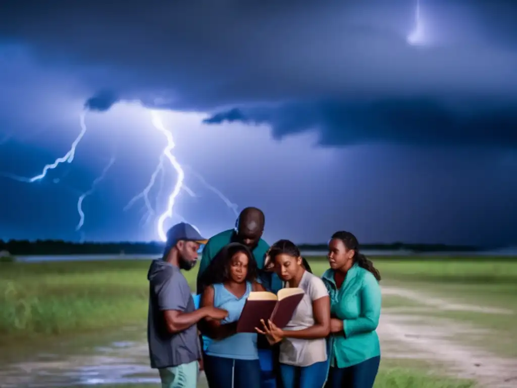 Survivors huddle together under lighting, with wind-whipped tree branches adding chaos and destruction beyond the frame of the image