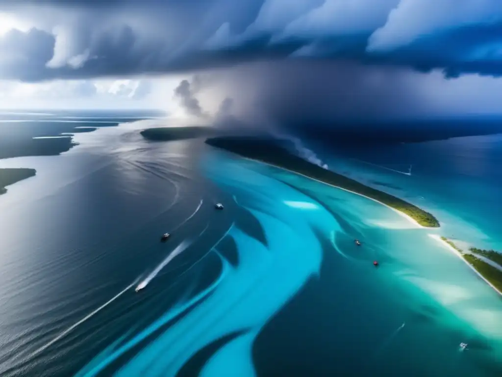 A breathtaking aerial shot captures the intense teamwork of emergency responders battling a hurricane