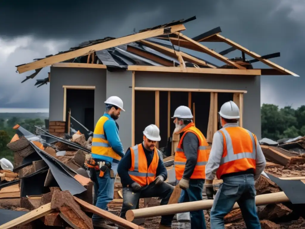 A group of resilient workers, in hard hats and vests, repair a storm-damaged home amidst devastating trees and debris