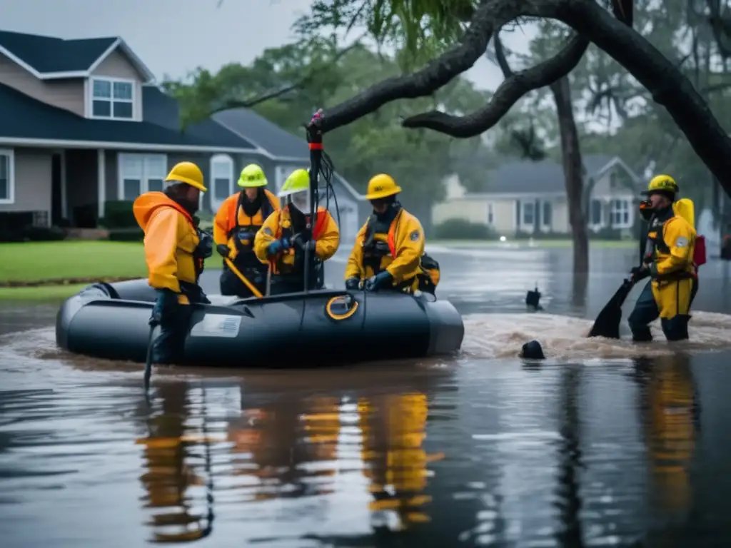 Amidst a chaotic hurricane, a well-equipped response team braves the dark, flooded streets with waterproof suits, torches and specialized tools