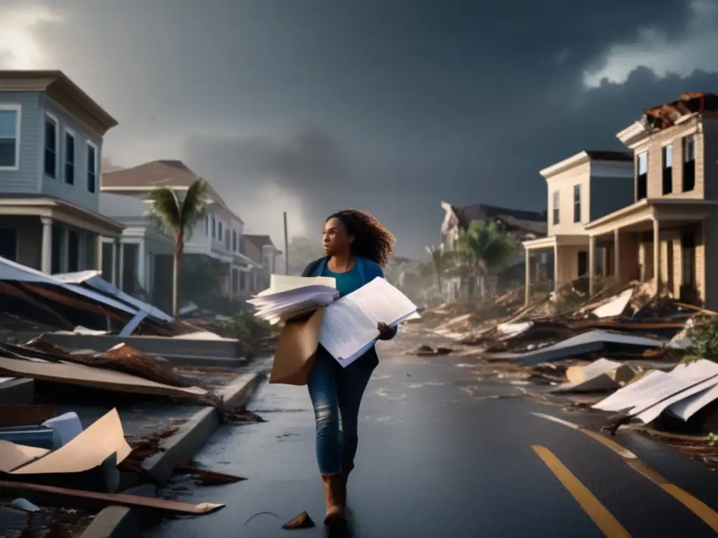 Amidst hurricane wreckage, a determined woman walks, clutching insurance claim documents tightly