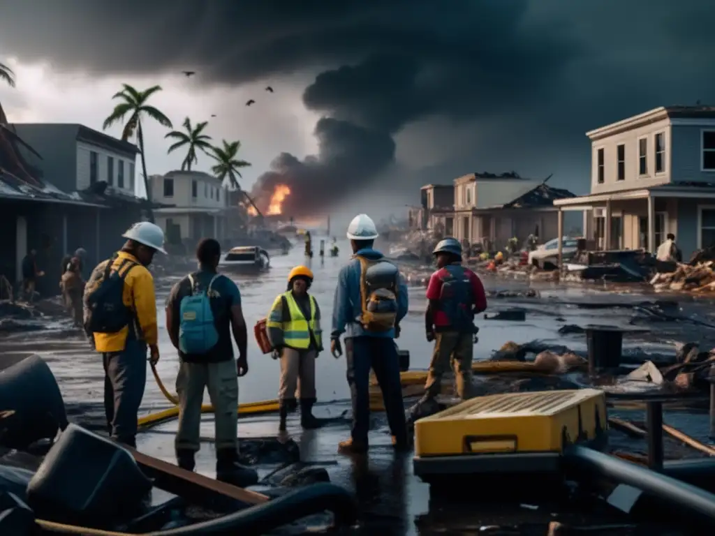 A diverse group of people working together to restore utilities in a disaster zonepost-hurricane, amidst flooded streets and dark clouds