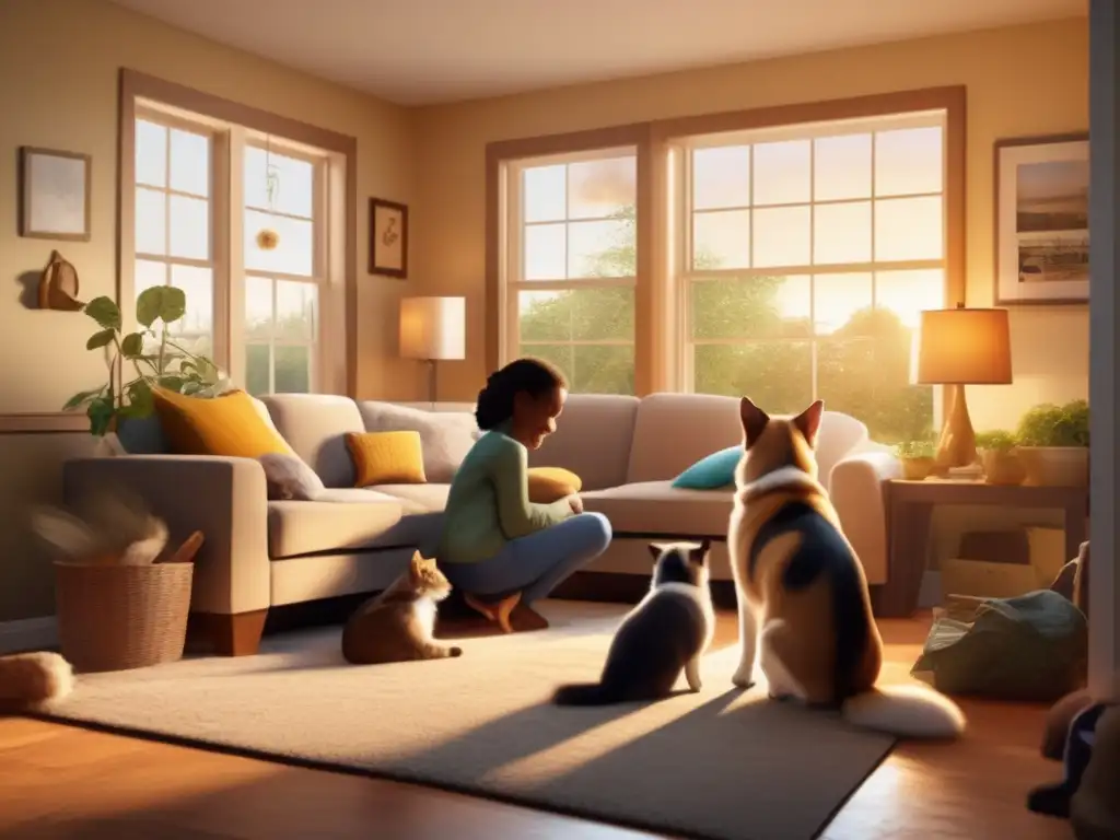 A heartwarming scene of a family reuniting with their pets after a hurricane, seen through the golden light of their cozy home