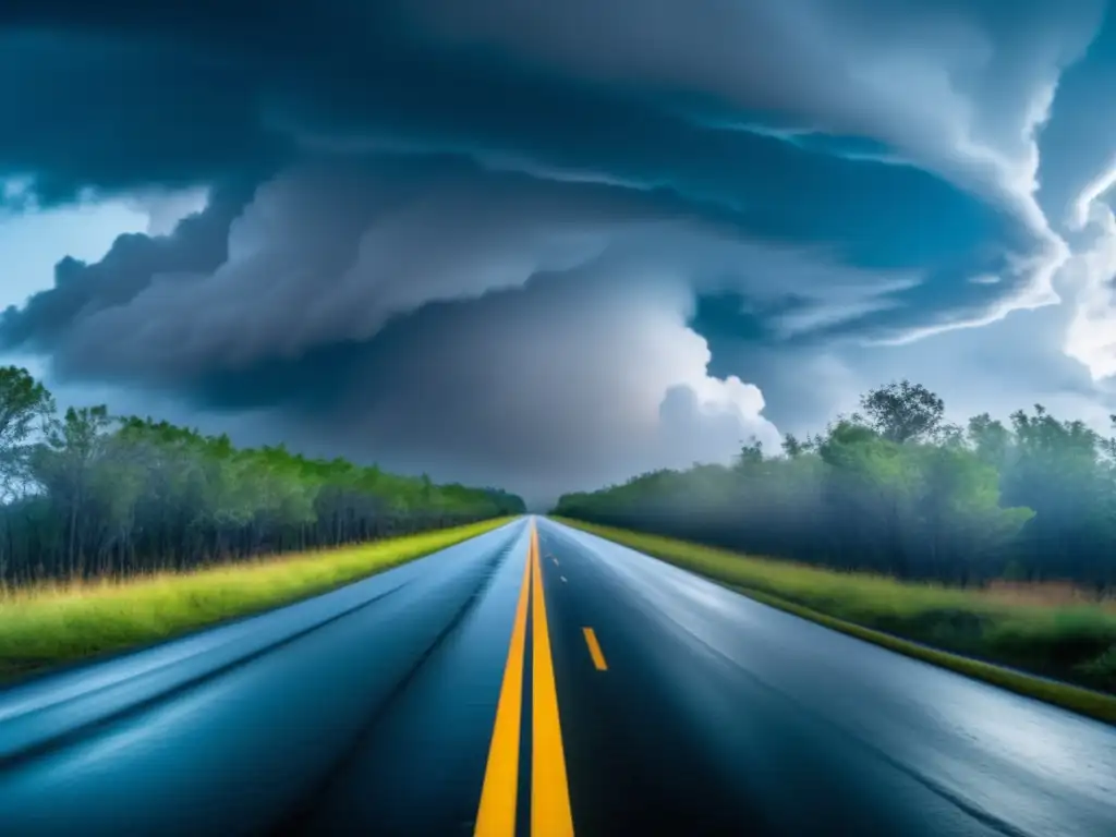 A devastating 8k image of a cracked highway after a hurricane, with dark clouds billowing above