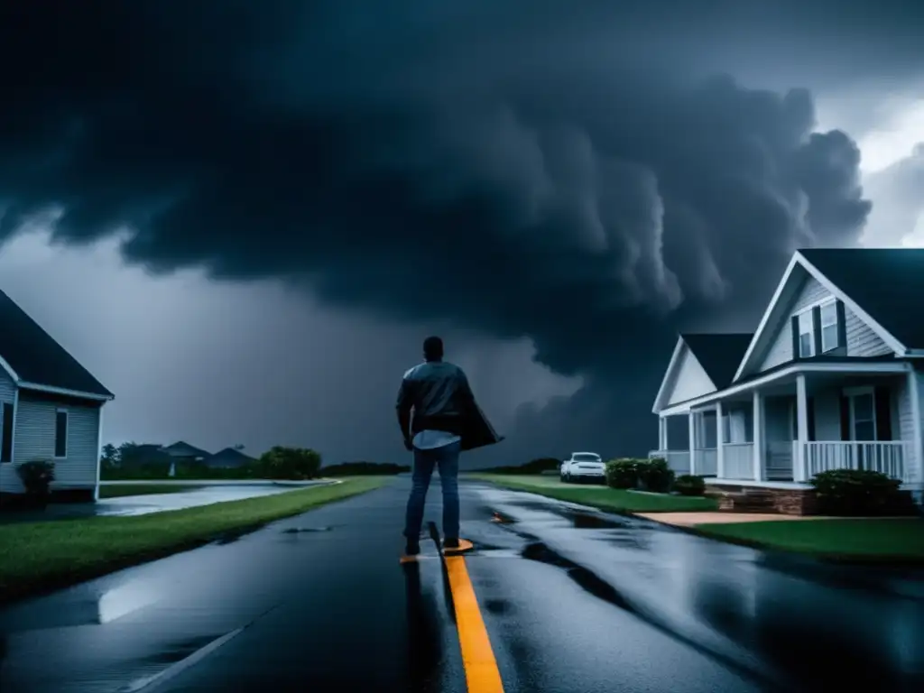 A tense image of a person bravely battling a hurricane, clipping their roof with a strap as shingles fly around them