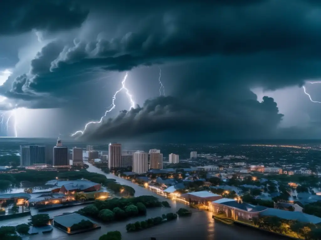 Devastating hurricane Rowdy ravages city from above, blocking roads, damaging buildings, and causing widespread destruction