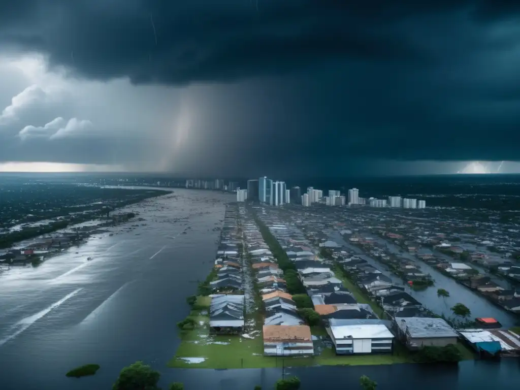 Severe hurricane leaves city in ruins, toppled buildings, shattered glass, and debris litter the streets