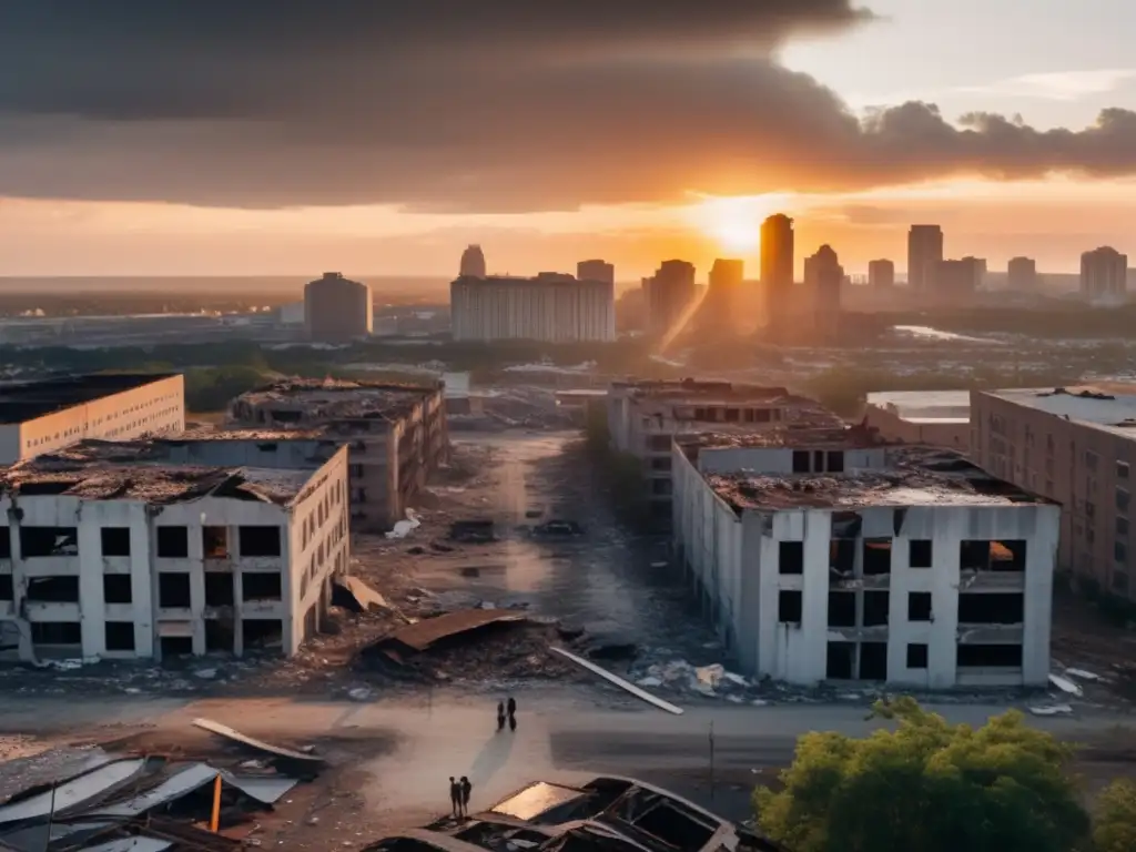 An overhead shot of a city skyline, partially ruined by a hurricane, is shown