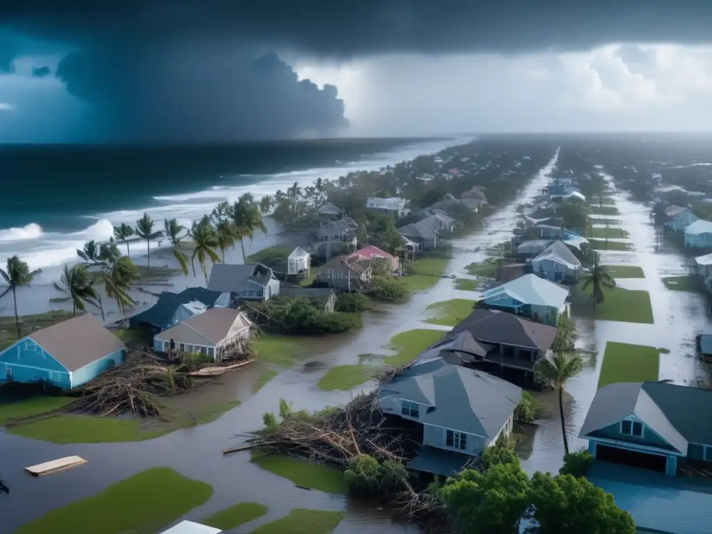 A cinematic image captures the devastation of a coastal town during a hurricane, with a warm sun casting its orange glow over the scene