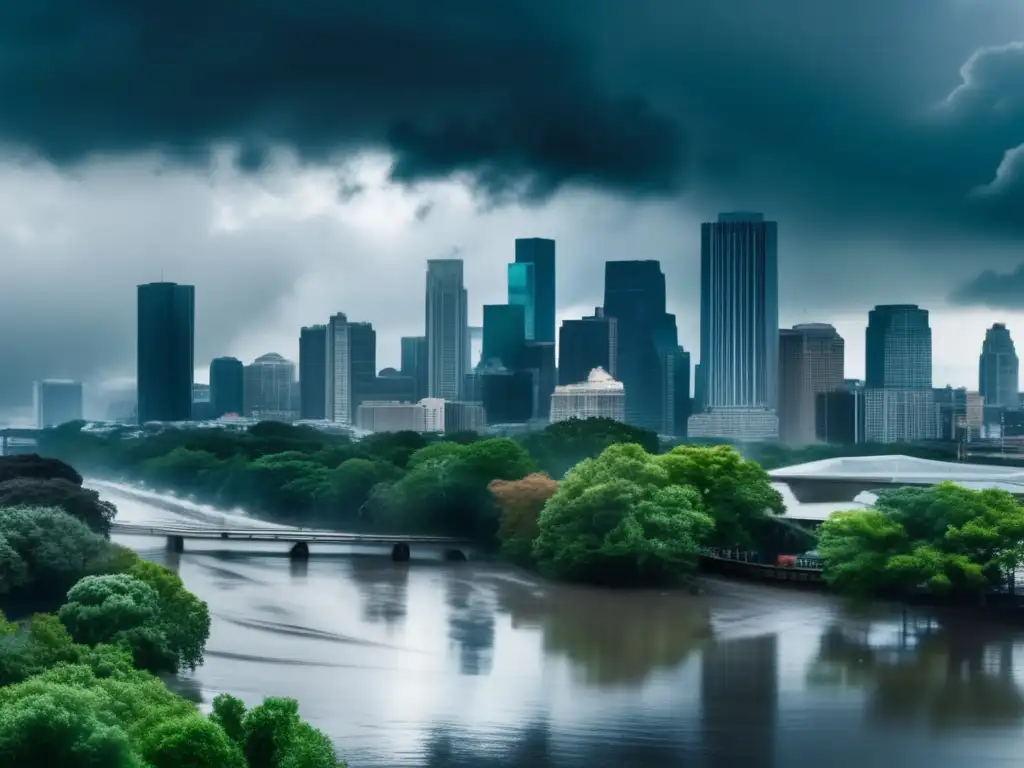 A panoramic view of a busy city skyline with dark clouds looming, trees swaying vigorously as the wind picks up
