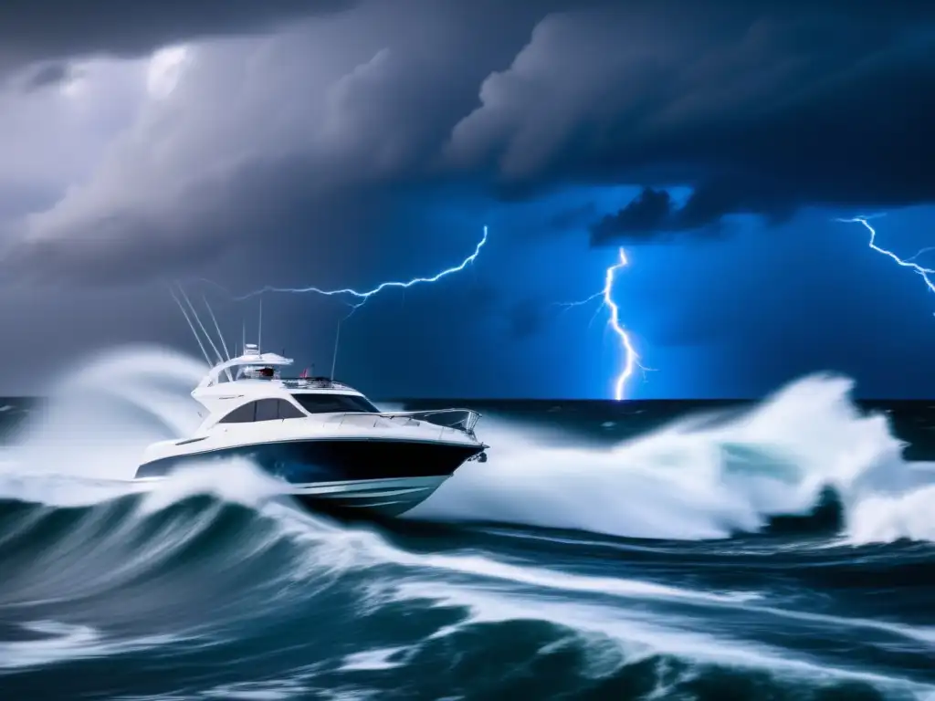 A speed boat braves the turbulent ocean waves during a hurricane, with a lighting strike in the background, conveying danger and urgency