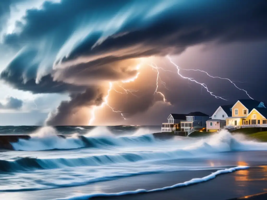 A dramatic and evocative image of a hurricane raging over a coastal town, with towering waves crashing against the shoreline