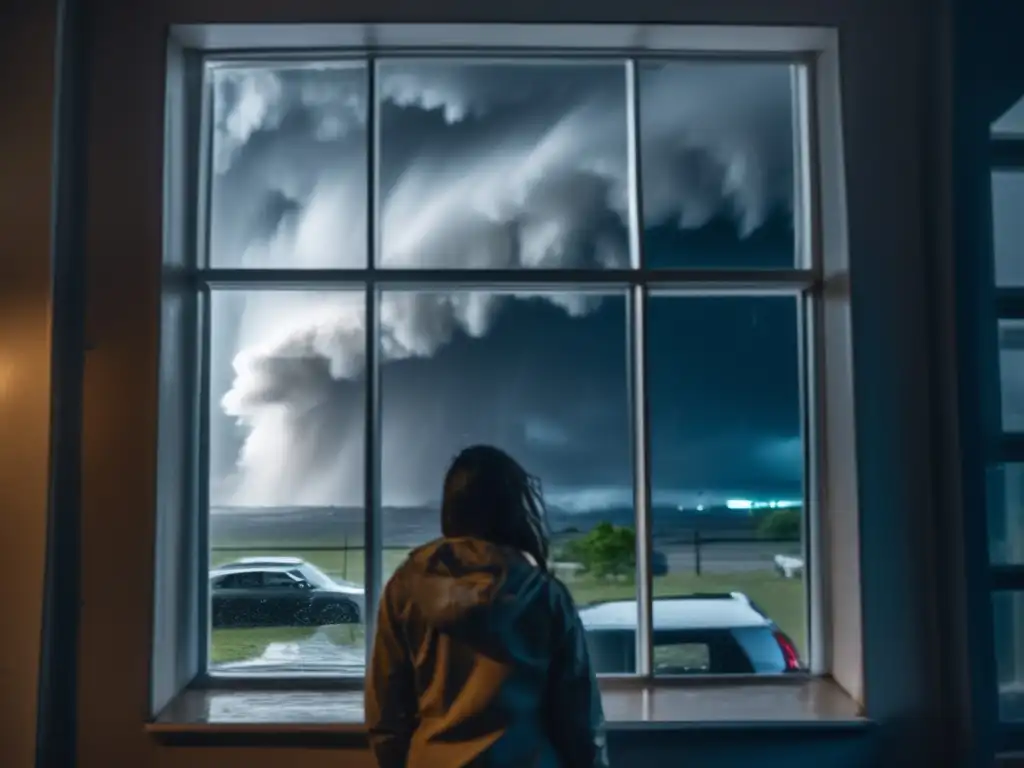 A person standing in front of a reinforced window during a hurricane, with the safe room in the background