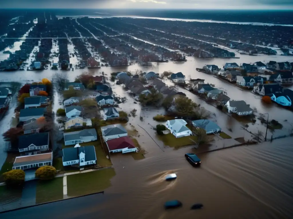 Devastating aerial view of Hurricane Sandy's aftermath: flooded streets, shattered windows, ruined buildings in cinematic style