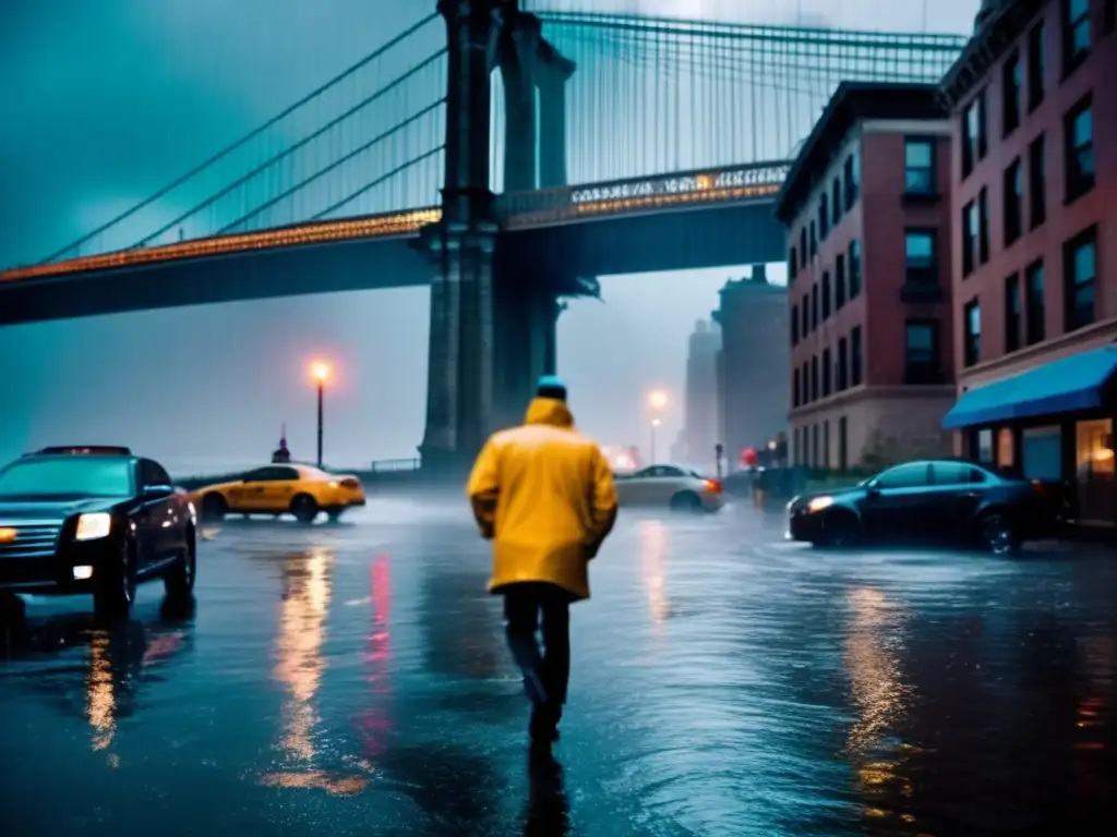 Breathtaking cinematic shot of Hurricane Sandy at its peak, flooding New York City streets