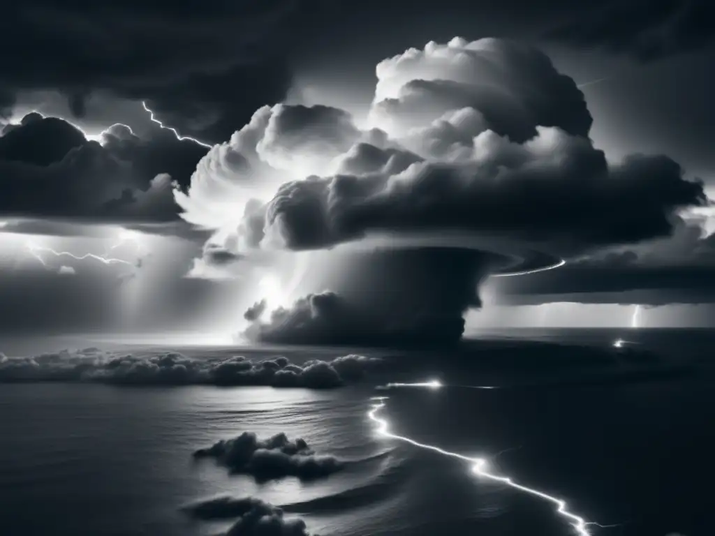 Black and white cinematic portrait of a satellite orbits a hurricane, lightning lighting up the scene