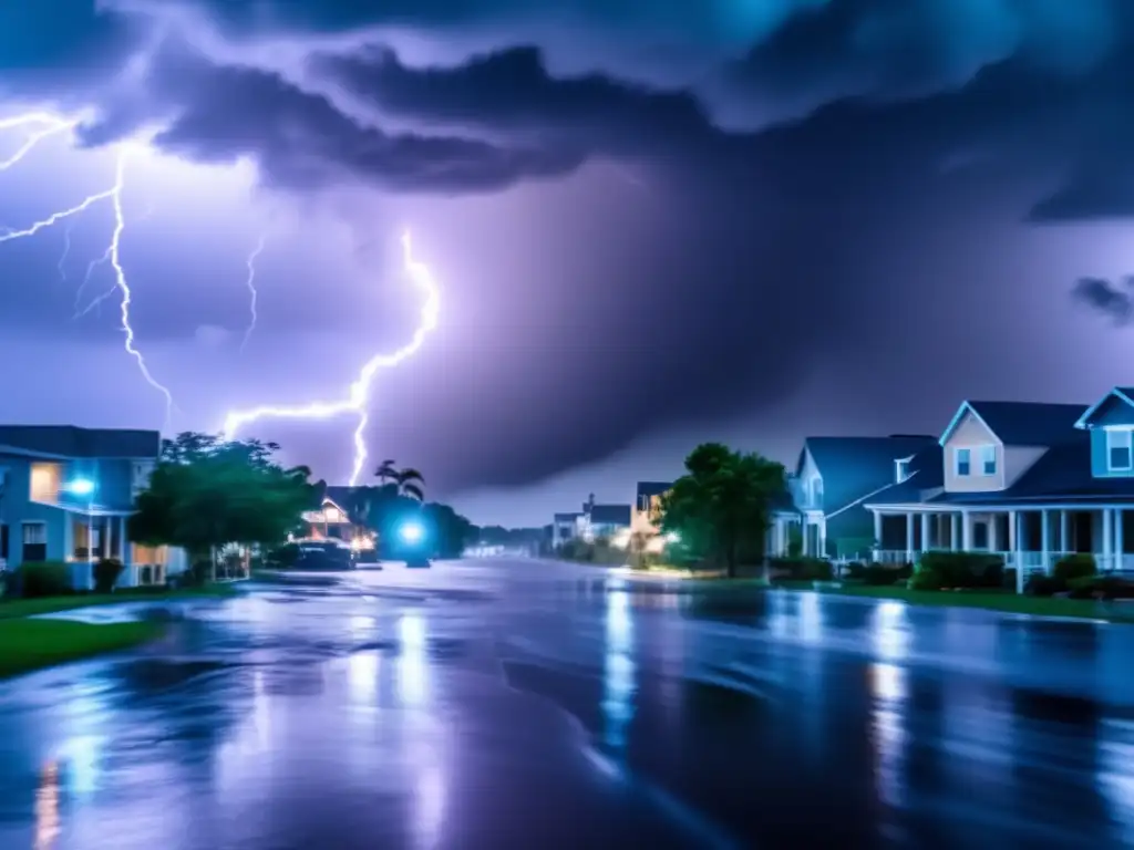 Amidst dark skies and fiery winds, a hurricane unleashes chaos upon a small town, uprooting trees, tearing apart buildings, and flooding streets