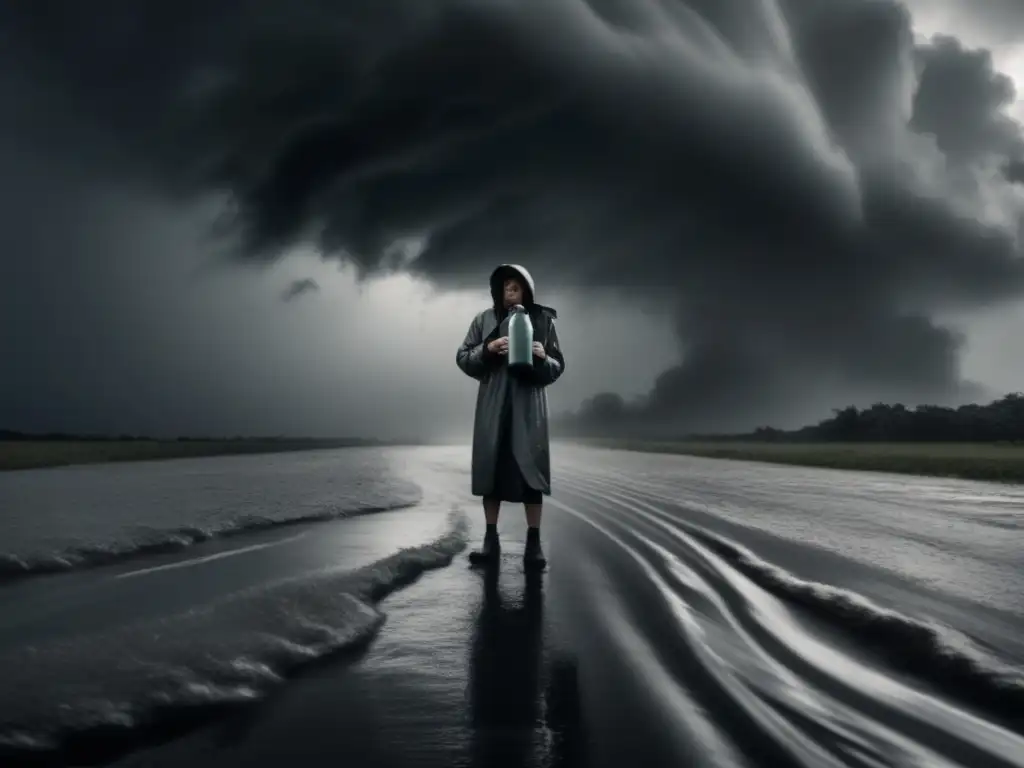 A person bravely stands in the heart of a hurricane, surrounded by powerful winds and torrential rain