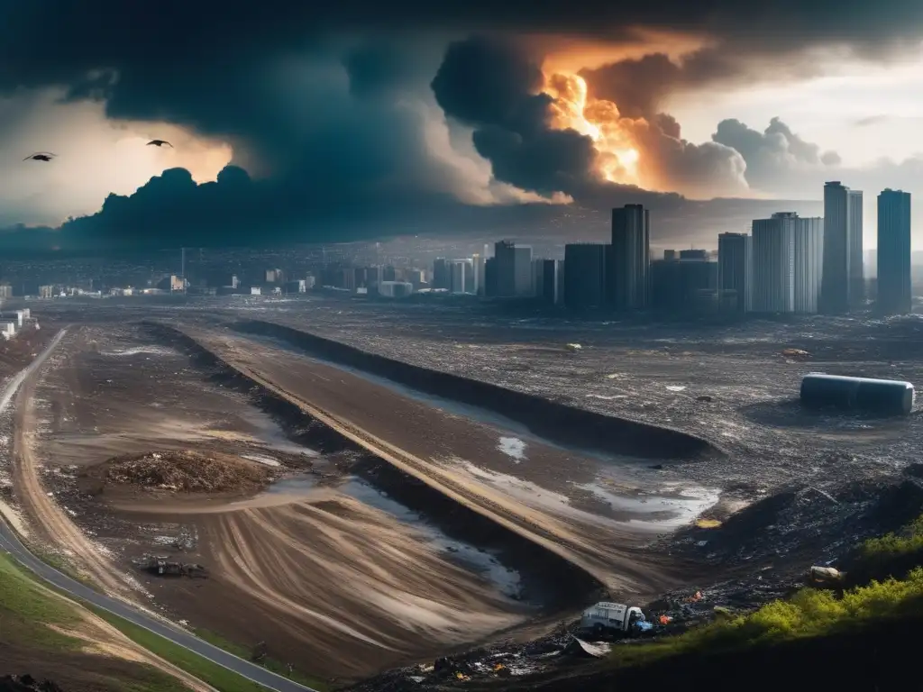 A haunting image of a city ravaged by a hurricane, with a towering landfill in the background showcasing the stark contrast between before and after