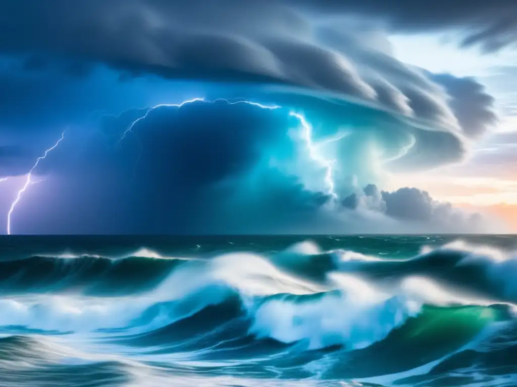 A tempestuous sky, lightning strikes while raging ocean waves crash ashore, a hurricane forms in the distance