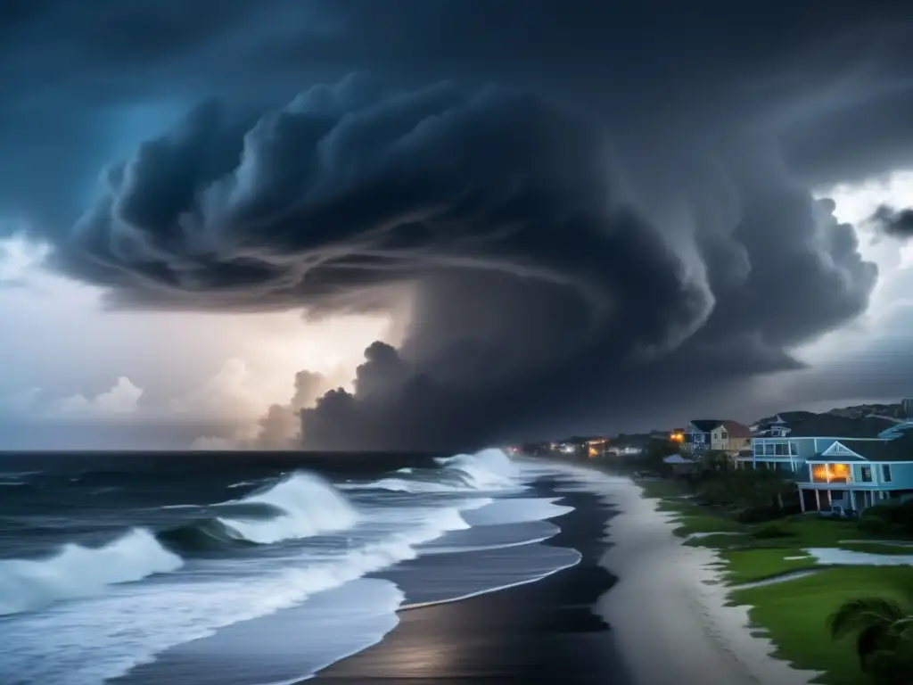 The image captures the intensity of a Category 5 hurricane on the horizon, casting a dim shadow over a coastal city