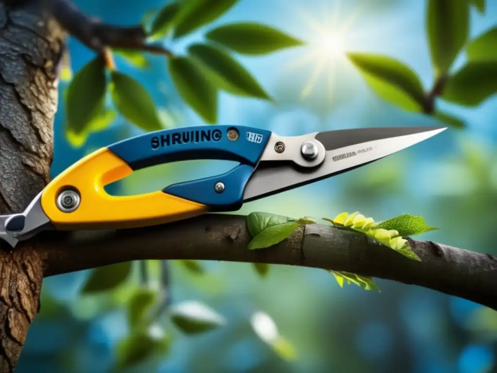 A cinematic image of a tree pruning shear holding a branch during hurricane preparedness